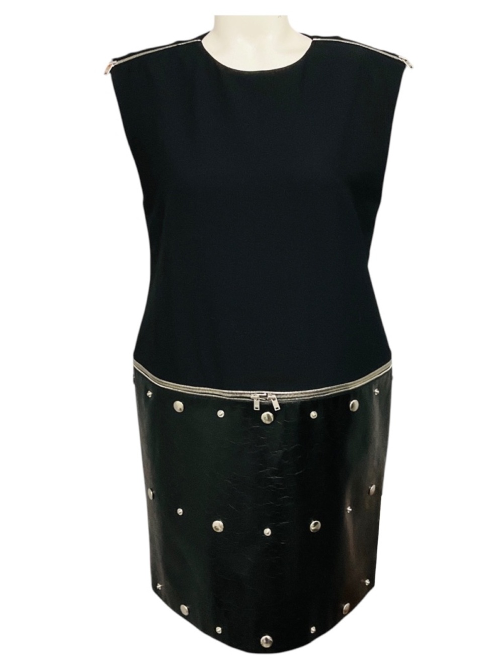 SONIA RYKIEL BLACK / SILVER STUD EMBELLISHED CREPE AND CRINKLED LEATHER DRESS W